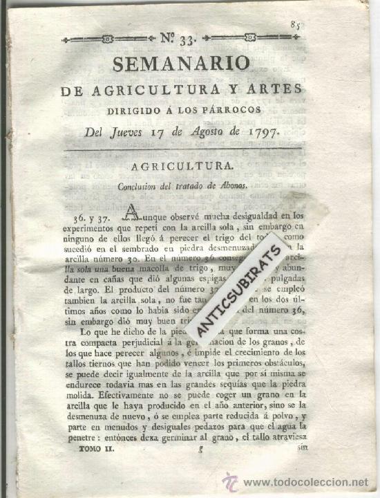 Collezionismo di Riviste e Giornali: SEMANARIO DE AGRICULTURA A&Ntilde;O 1797 ABONOS CRIA Y CEBA DE CERDOS RAZAS ESPECIES VERRACO GUARRA TILLET