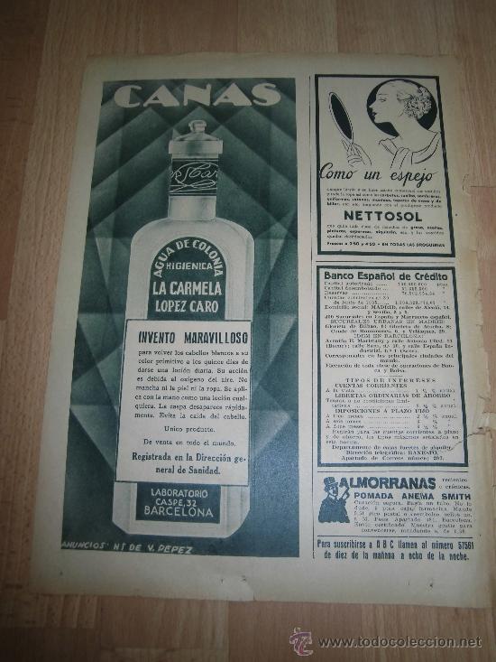 Coleccionismo de revistas y peri&oacute;dicos: AGUA DE COLONIA LA CARMELA LOPEZ CARO/NETTOSOL  HOJA DE REVISTA ABC 1936