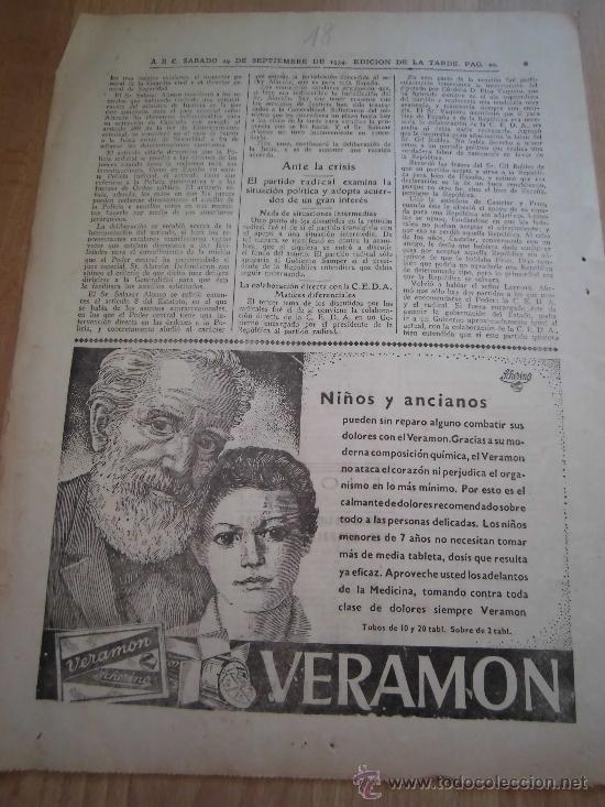 Coleccionismo de revistas y peri&oacute;dicos: PUBLICIDAD VERAMON HOJA DE REVISTA ABC  1934