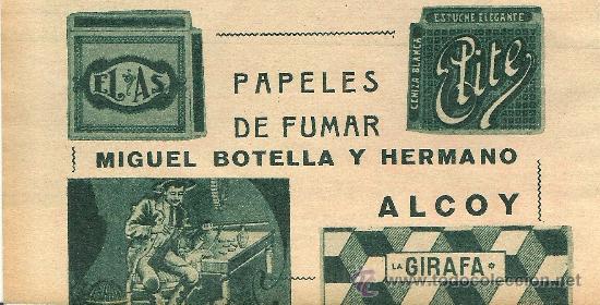 Coleccionismo de Revistas y Peri&oacute;dicos: * ALCOY * Publicidad papeles de fumar La Girafa, El As de Miguel Botella y hermano - 1932