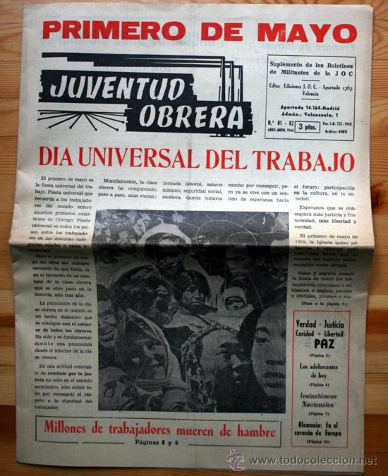 Collectionnisme de Revues et Journaux: PRIMERO DE MAYO. JUVENTUD OBRERA. DIA UNIVERSAL DEL TRABAJO.  Militantes de la J O C 1964