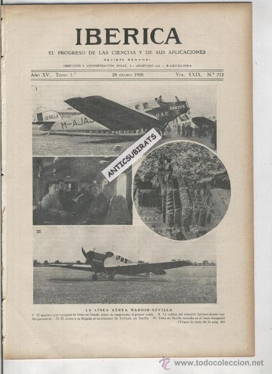 Collection Magazines and Newspapers: REVISTA IBERICA 712 A&Ntilde;O 1927 AVIACION AVION INAUGURACION DE LA LINEA AEREA MADRID SEVILLA TABLADA