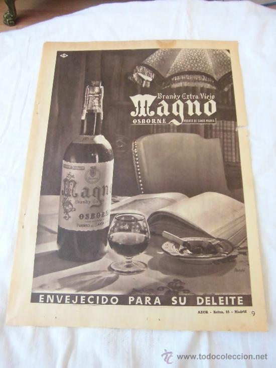 Coleccionismo de Revistas y Peri&oacute;dicos: PUBLICIDAD BRANDY MAGNO OSBORNE/SANTOS DE ENERO DIBUJO LORENZO GO&Ntilde;I HOJA DE REVISTA A B C 1956
