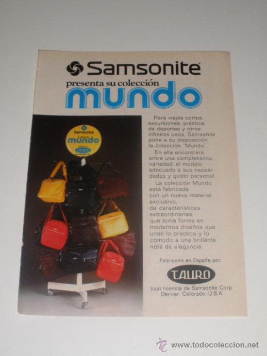 Coleccionismo de Revistas y Peri&oacute;dicos: ANUNCIO PUBLICIDAD MALETAS SAMSONITE. FABRICADAS POR TAURO (A&Ntilde;O 1975)
