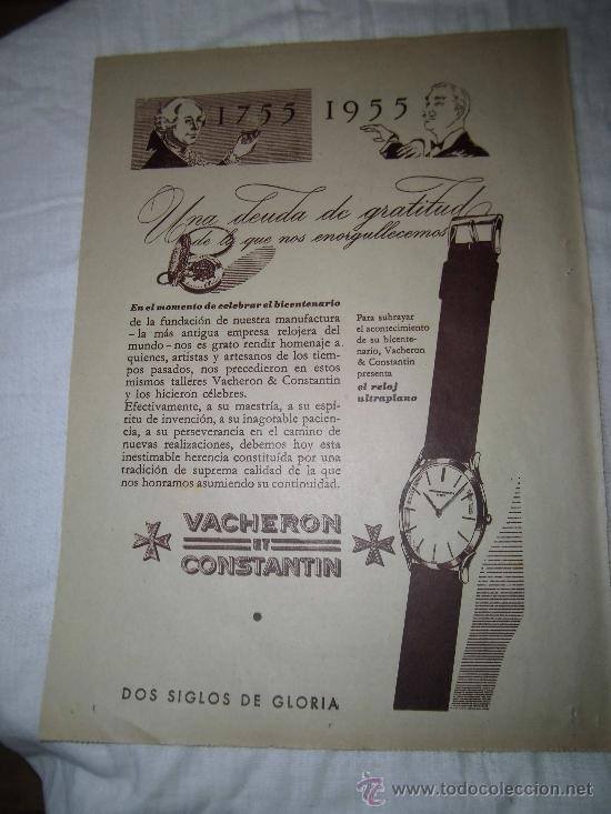 Coleccionismo de revistas y peri&oacute;dicos: PUBLICIDAD RELOJES VACHERON ET CONSTANTIN/ALMACENES DE PELETERIA GRANDA  HOJA DE REVISTA ABC 1956
