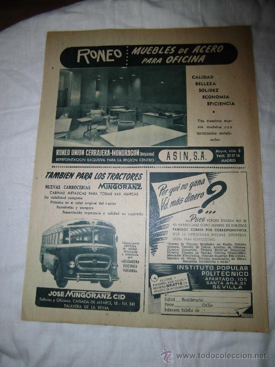 Coleccionismo de Revistas y Peri&oacute;dicos: PUBLICIDAD RONEO MUEBLES DE OFICINA DE ACERO/CARROCERIAS MINGORANZ PARA TR  HOJA DE REVISTA ABC 1955