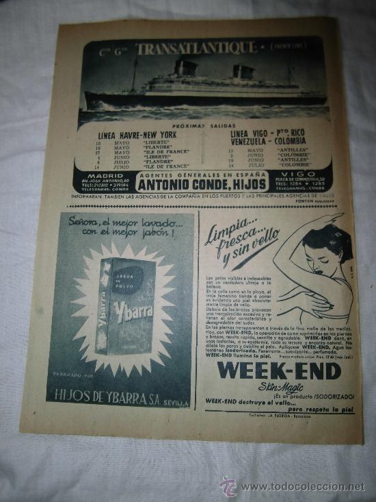Coleccionismo de Revistas y Peri&oacute;dicos: PUBLICIDAD TRANSATLANTICOS AGENTES GENERALES ANTONIO CONDE/JABON YBARRA   HOJA DE REVISTA ABC 1955