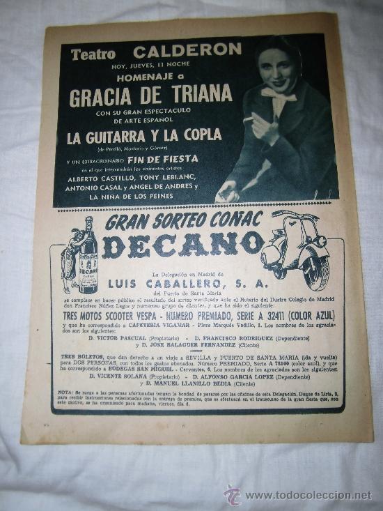 Coleccionismo de revistas y peri&oacute;dicos: PUBLICIDAD CO&Ntilde;AC DE CANO/GRACIA DE TRIANA/REX-BEATRIZ YA LLEGO EL COYOTE   HOJA DE REVISTA ABC 1955