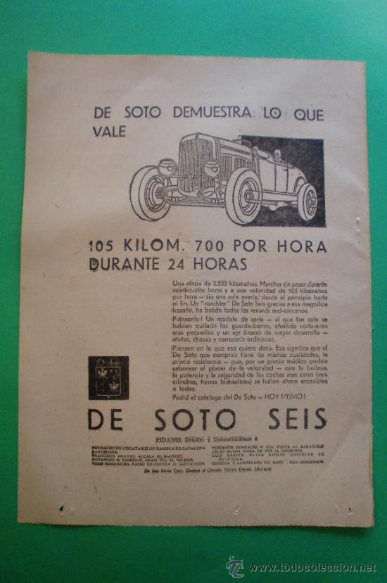 Sammeln von Zeitschriften und Zeitungen: AUTOMOVIL DE SOTO SEIS - HOJA SUELTA DIARIO A B C 21/11/1929