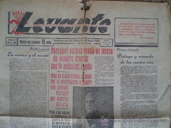 Coleccionismo de Revistas y Peri&oacute;dicos: 24 MAYO DE 1939 VALENCIA. LEVANTE DIARIO FALANGE ESPA&Ntilde;OLA TRADICIONALISTA JONS. N&ordm; 35 6 PAGINAS