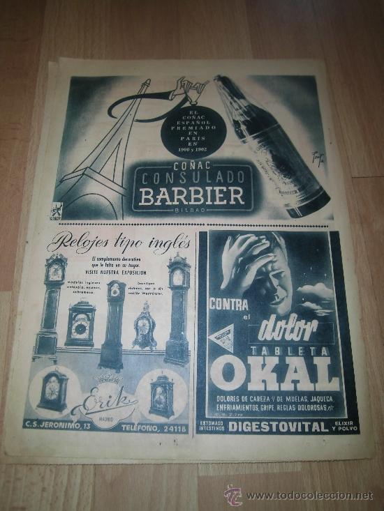 Coleccionismo de Revistas y Peri&oacute;dicos: PUBLICIDAD CO&Ntilde;AC CONSULAR BARBIER/TABLETAS OKAL/RELOJES ERIK  HOJA DE REVISTA ABC 1946