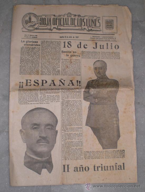 Coleccionismo de revistas y peri&oacute;dicos: Hoja oficial de los lunes. Sevilla 19 Julio 1937. Franco y Gonzalo Quiepo de Llano. Guerra Civil.