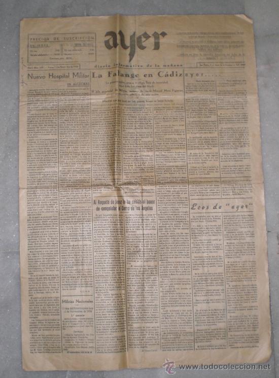 Coleccionismo de revistas y peri&oacute;dicos: Ayer. Diario informativo de la ma&ntilde;ana. La Falange en C&aacute;diz. Noviembre de 1936. Jerez de la Frontera.