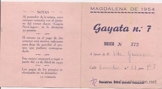 Coleccionismo de revistas y peri&oacute;dicos: Castell&oacute;n: carnet o tarjeta de la Gayata 7 de las fiestas de la Magdalena de 1954