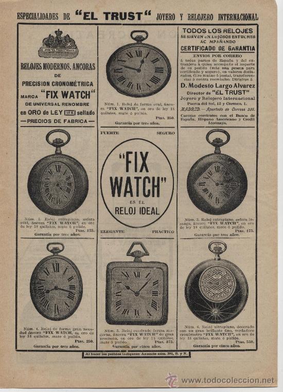Coleccionismo de revistas y peri&oacute;dicos: Publicidad reloj FIX WATCH de joyer&iacute;a El Trust Joyeros  - 1914