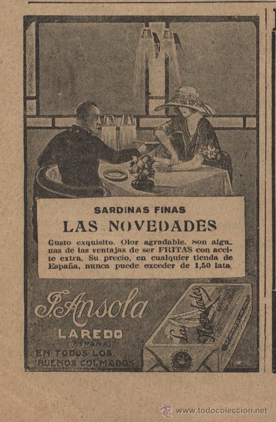 Coleccionismo de Revistas y Peri&oacute;dicos: * LAREDO * Publicidad sardinas finas LAS NOVEDADES de J. Ansola - 1921