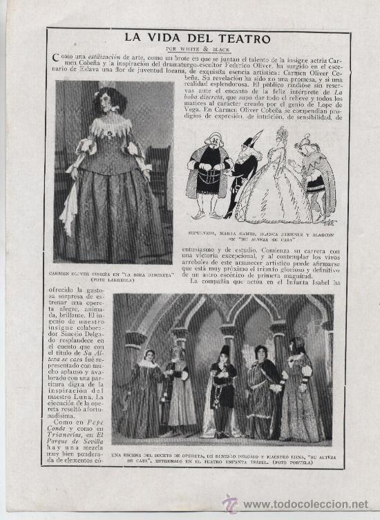 Coleccionismo de Revistas y Peri&oacute;dicos: * TEATRO * Carmen Oliver Cobe&ntilde;a, opereta Su Alteza se Casa, escena de El parque de Sevilla - 1921