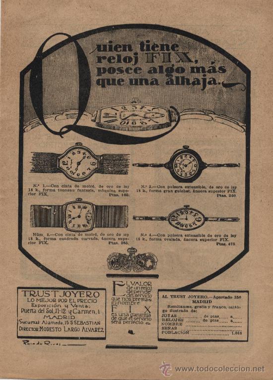 Coleccionismo de revistas y peri&oacute;dicos: Publicidad reloj FIX de Trust Joyero  - 1921