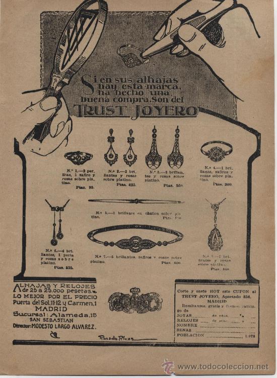 Coleccionismo de revistas y peri&oacute;dicos: Publicidad alhajas y relojes de Trust Joyero / dibujo de Rosado Rivas - 1921