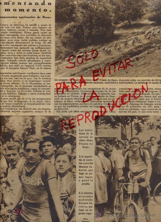 Coleccionismo de revistas y peri&oacute;dicos: CICLISMO 1930 GRAN PREMIO DE REUS TARRAGONA CA&Ntilde;ARDO Y CARRETERO HOJA REVISTA