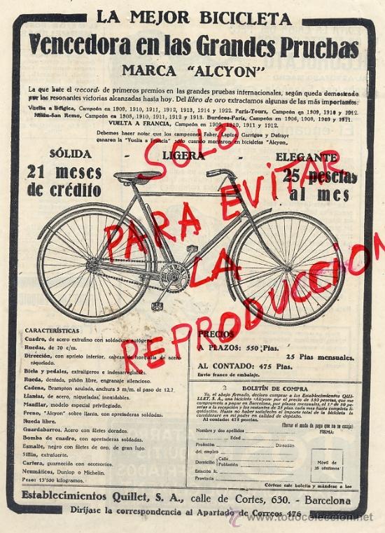 Coleccionismo de revistas y peri&oacute;dicos: CICLISMO 1922 ALCYON BICICLETA  BARCELONA  QUILLET HOJA REVISTA