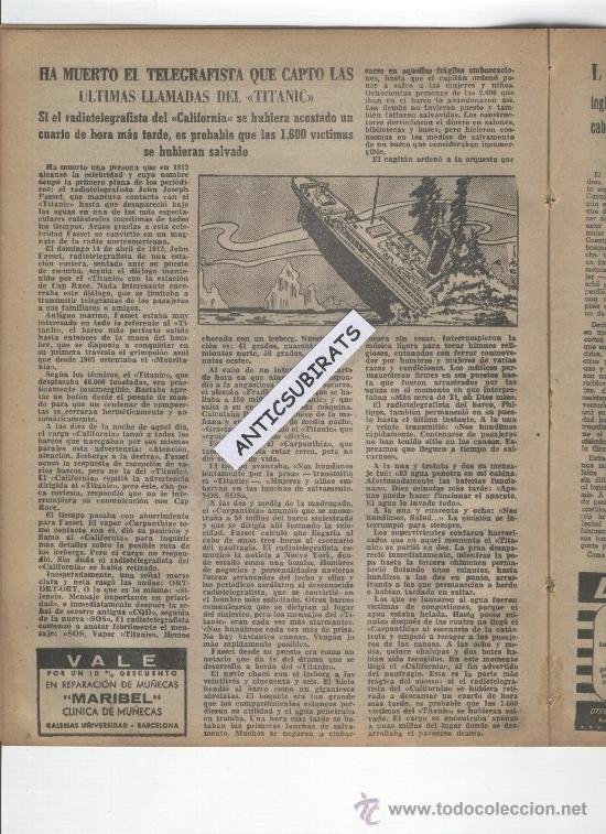 Coleccionismo de Revistas y Peri&oacute;dicos: REVISTA A&Ntilde;O 1956 MUERTE DEL TELEGRAFISTA QUE CAPTO LA LLAMADA DEL TITANIC YUL BRYNNER
