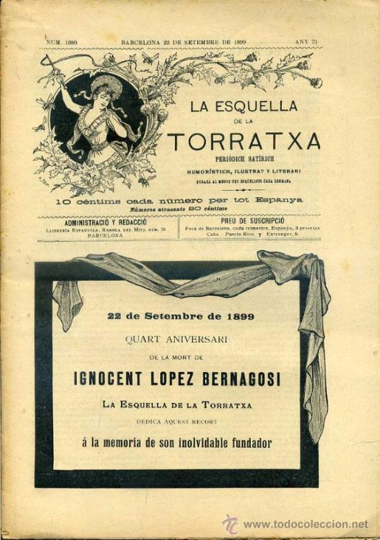 Coleccionismo de revistas y peri&oacute;dicos: LA ESQUELLA DE LA TORRATXA, N&ordm; 1080 - 22 SET. 1899