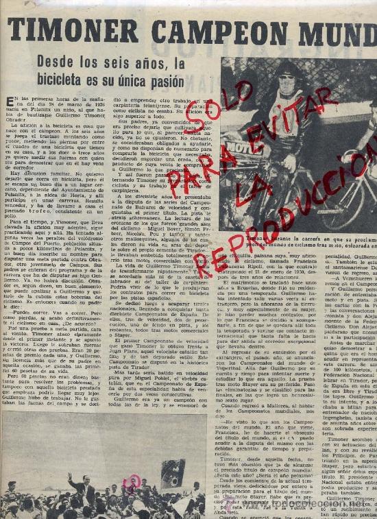 Coleccionismo de revistas y peri&oacute;dicos: CICLISMO 1955 TIMONER CAMPEON MUNDIAL  HOJA REVISTA