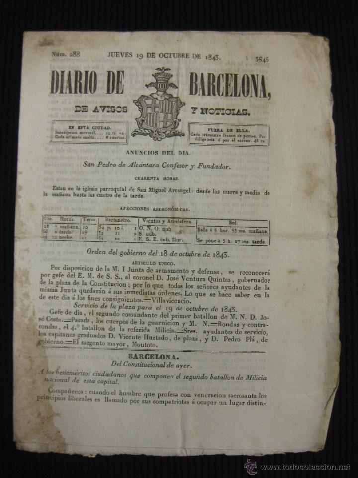 Coleccionismo de revistas y peri&oacute;dicos: DIARIO DE BARCELONA N&ordm; 288. 19 OCTUBRE DE 1843.