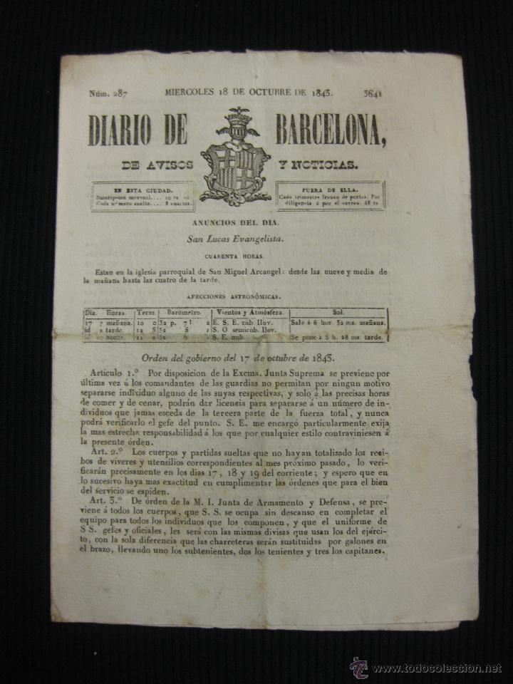Collezionismo di Riviste e Giornali: DIARIO DE BARCELONA N&ordm; 287. 18 OCTUBRE DE 1843.