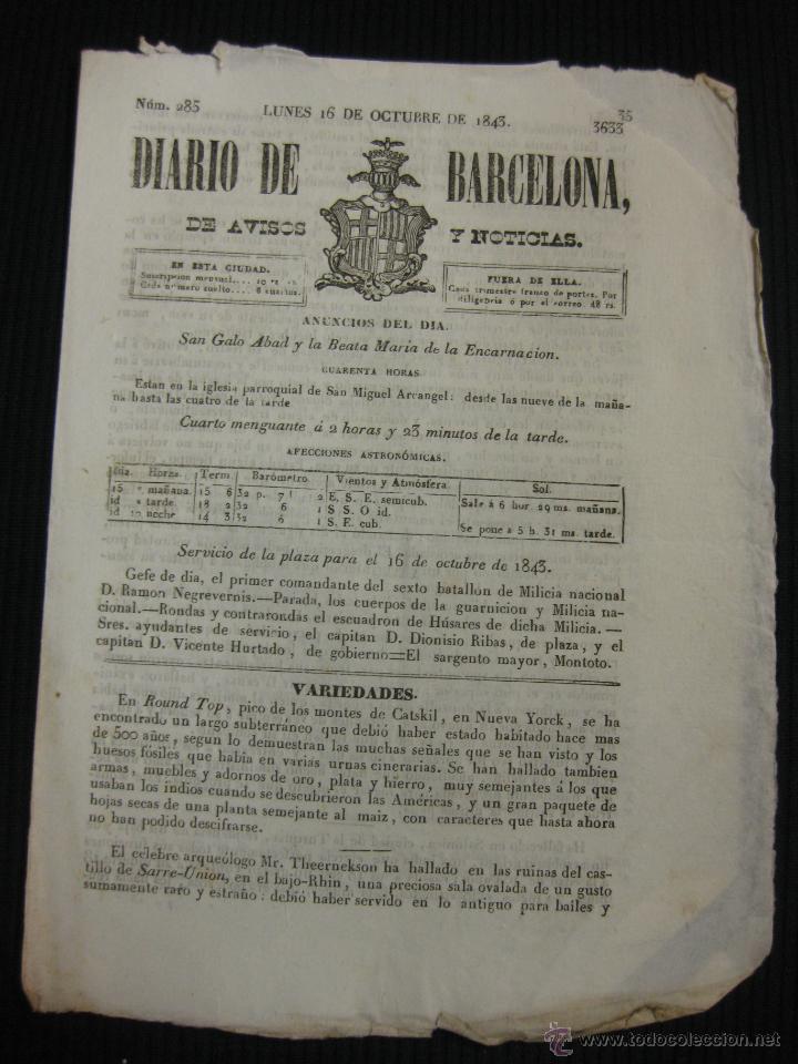 Coleccionismo de revistas y peri&oacute;dicos: DIARIO DE BARCELONA N&ordm; 285. 16 OCTUBRE DE 1843.