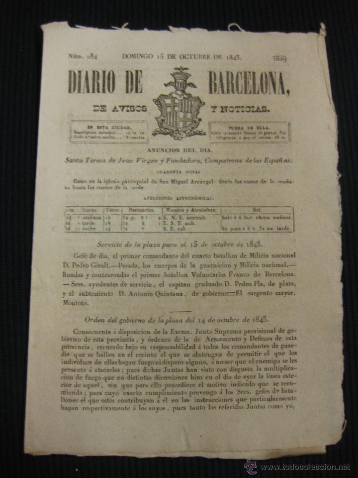 Coleccionismo de revistas y peri&oacute;dicos: DIARIO DE BARCELONA N&ordm; 284. 15 OCTUBRE DE 1843.