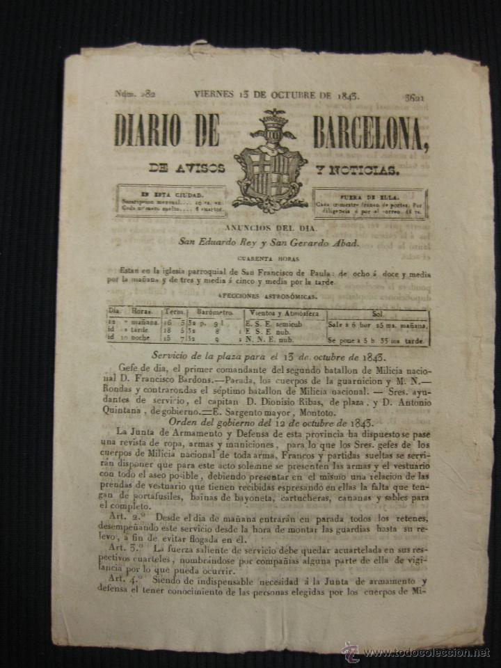 Coleccionismo de revistas y peri&oacute;dicos: DIARIO DE BARCELONA N&ordm; 282. 13 OCTUBRE DE 1843.