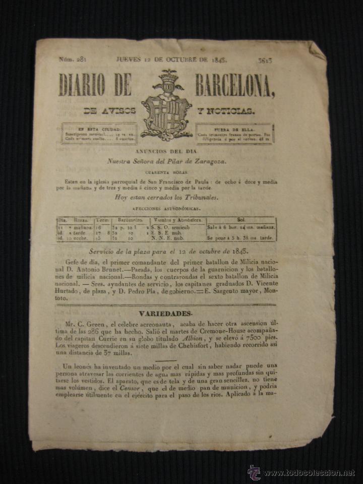 Coleccionismo de revistas y peri&oacute;dicos: DIARIO DE BARCELONA N&ordm; 281. 12 OCTUBRE DE 1843.