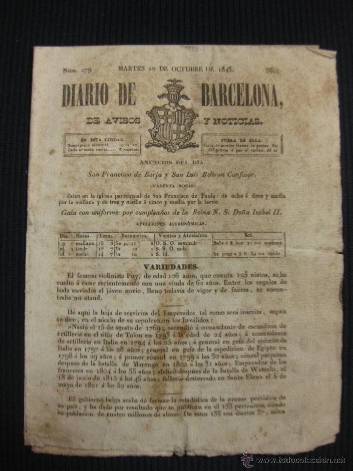 Coleccionismo de revistas y peri&oacute;dicos: DIARIO DE BARCELONA N&ordm; 279. 10 OCTUBRE DE 1843.