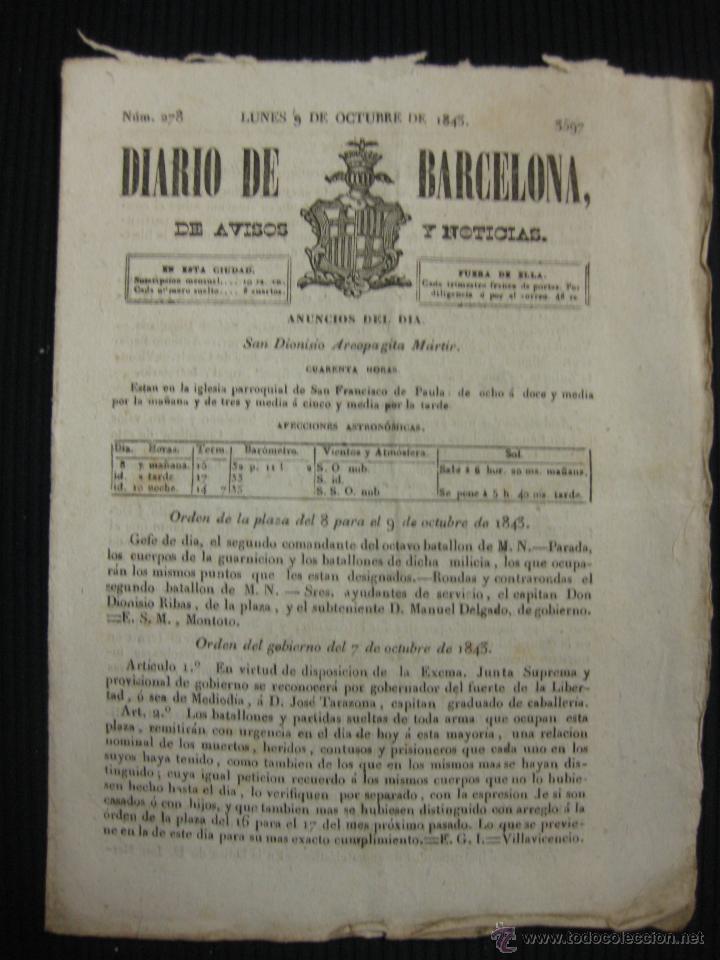 Coleccionismo de revistas y peri&oacute;dicos: DIARIO DE BARCELONA N&ordm; 278. 9 OCTUBRE DE 1843.