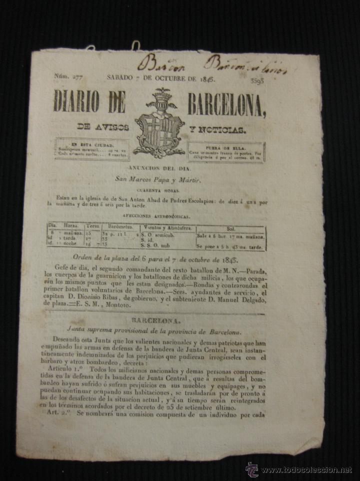 Coleccionismo de revistas y peri&oacute;dicos: DIARIO DE BARCELONA N&ordm; 277. 7 OCTUBRE DE 1843.