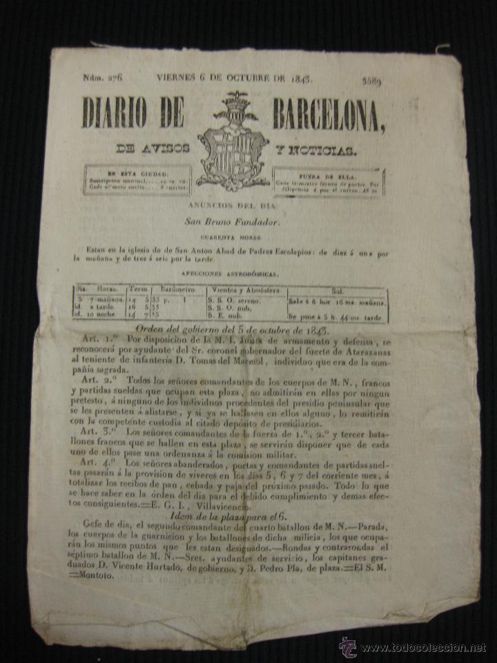 Collection Magazines and Newspapers: DIARIO DE BARCELONA N&ordm; 276. 6 OCTUBRE DE 1843.