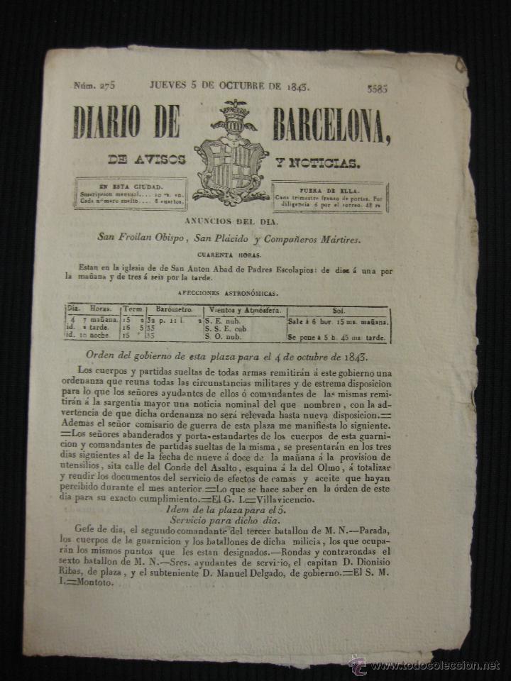 Collection Magazines and Newspapers: DIARIO DE BARCELONA N&ordm; 275. 5 OCTUBRE DE 1843.