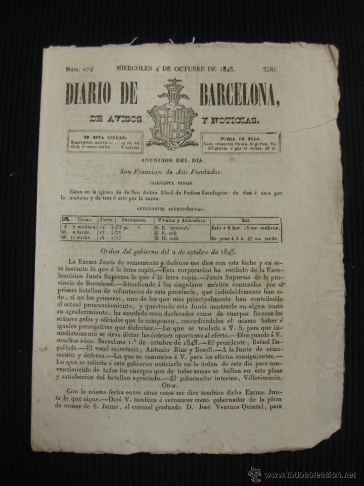 Coleccionismo de revistas y peri&oacute;dicos: DIARIO DE BARCELONA N&ordm; 274. 4 OCTUBRE DE 1843.