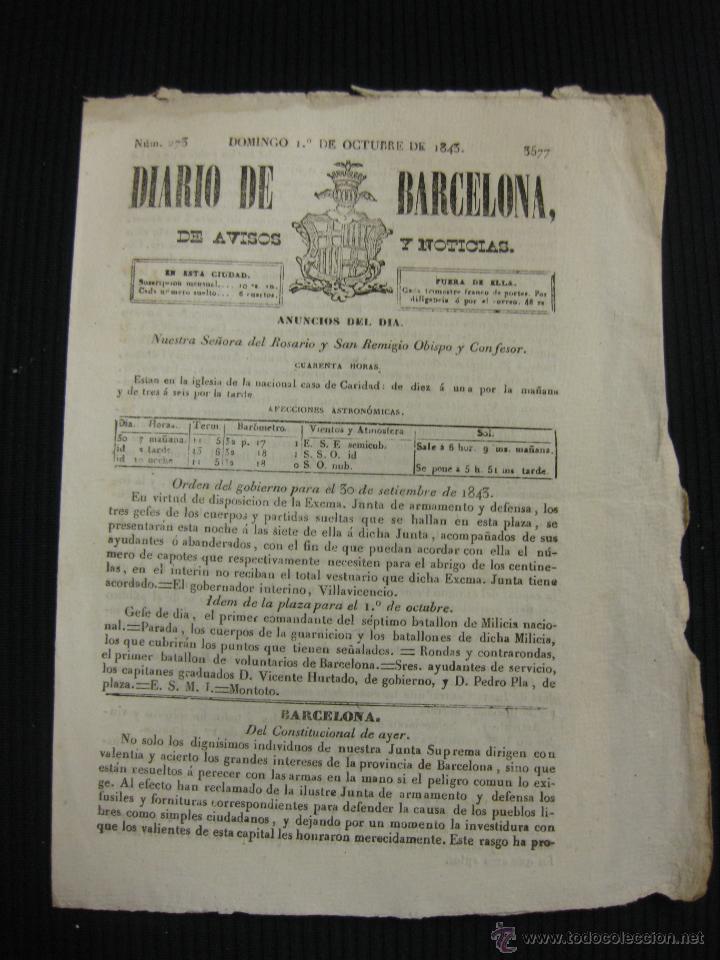 Collection Magazines and Newspapers: DIARIO DE BARCELONA N&ordm; 273. 1 OCTUBRE DE 1843.