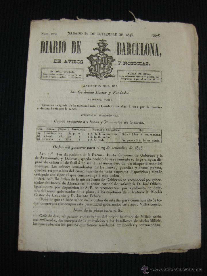 Collection Magazines and Newspapers: DIARIO DE BARCELONA N&ordm; 272. 30 DE SEPTIEMBRE DE 1843.