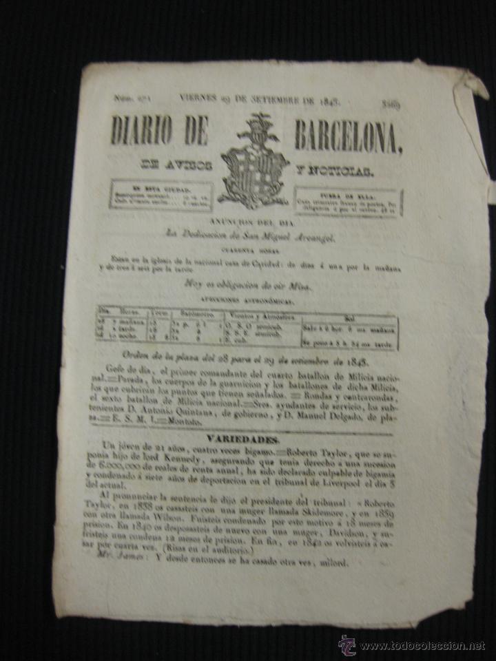Collection Magazines and Newspapers: DIARIO DE BARCELONA N&ordm; 271. 29 DE SEPTIEMBRE DE 1843.