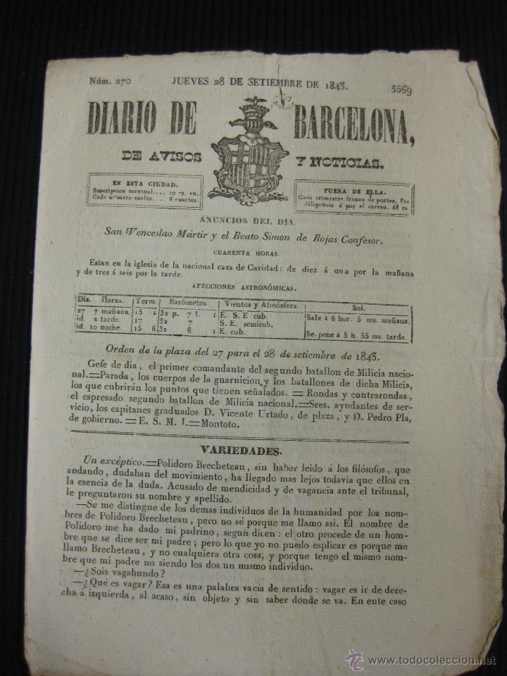 Collection Magazines and Newspapers: DIARIO DE BARCELONA N&ordm; 270. 28 DE SEPTIEMBRE DE 1843.