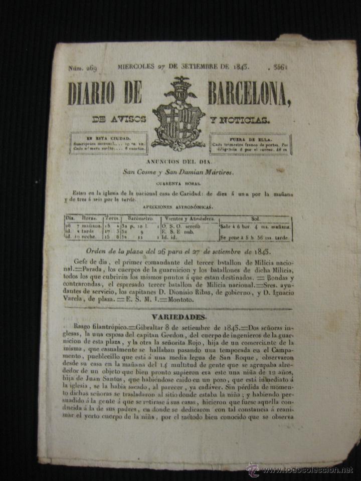 Collection Magazines and Newspapers: DIARIO DE BARCELONA N&ordm; 269. 27 DE SEPTIEMBRE DE 1843.