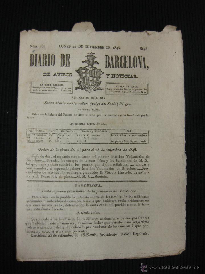 Coleccionismo de revistas y peri&oacute;dicos: DIARIO DE BARCELONA N&ordm; 267. 25 DE SEPTIEMBRE DE 1843.