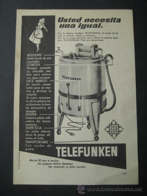 Sammeln von Zeitschriften und Zeitungen: LAVADORA TELEFUNKEN. ANTIGUA PUBLICIDAD ELECTRODOMESTICOS, ANUNCIO DE REVISTA DE LOS A&Ntilde;OS 50
