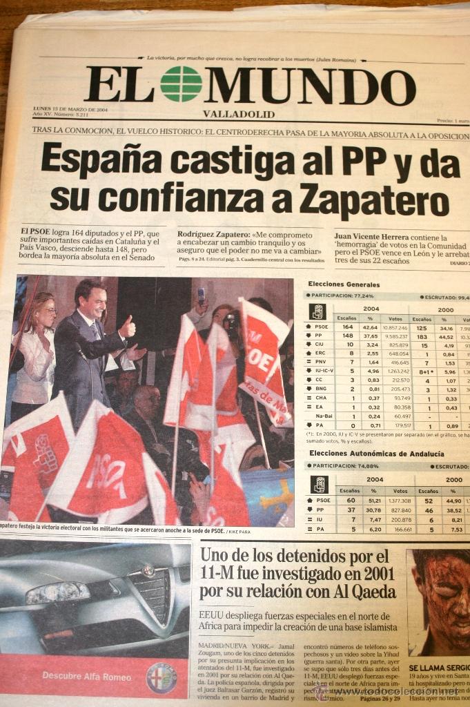 Coleccionismo de revistas y peri&oacute;dicos: 15 M EL MUNDO15 DE MARZO DE 2004 ELECCIONES NACIONALES TRAS EL ATENTADO TERRORISTA DEL 11 M
