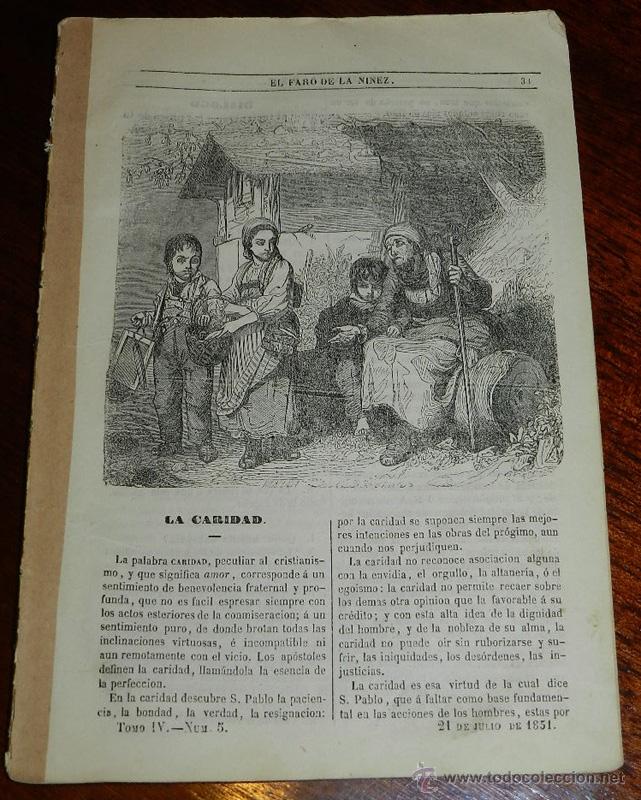 Collectionnisme de Revues et Journaux: ANTIGUA REVISTA INFANTIL, EL FARO DE LA NI&Ntilde;EZ, 21 DE JULIO DE 1851, Tomo IV N&ordm; 5, CONSTA DE 8 PAGINA