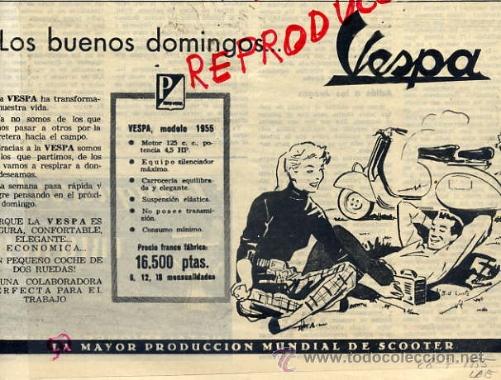 Coleccionismo de Revistas y Peri&oacute;dicos: MOTOCICLETAS VESPA 1955  RETAL HOJA REVISTA